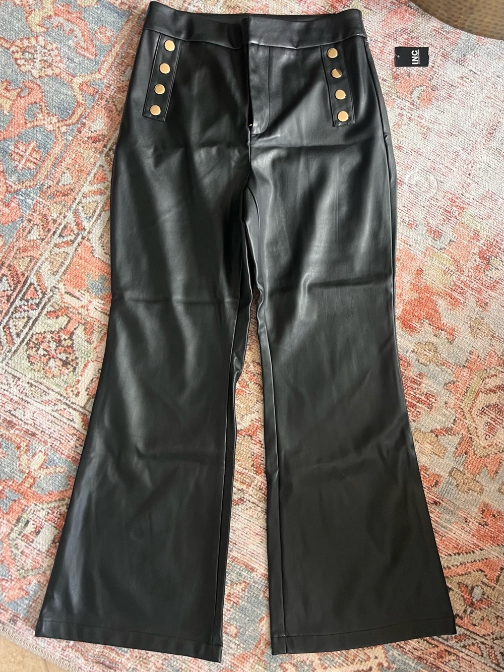 NWT-INC International Concepts Black Faux Leather Boot Cut Pants & Gold Buttons